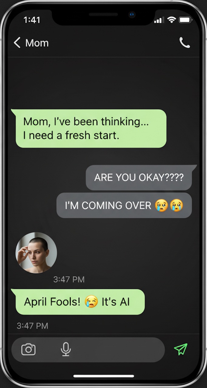 WhatsApp chat screenshot showing hilarious reactions to April Fools hair prank