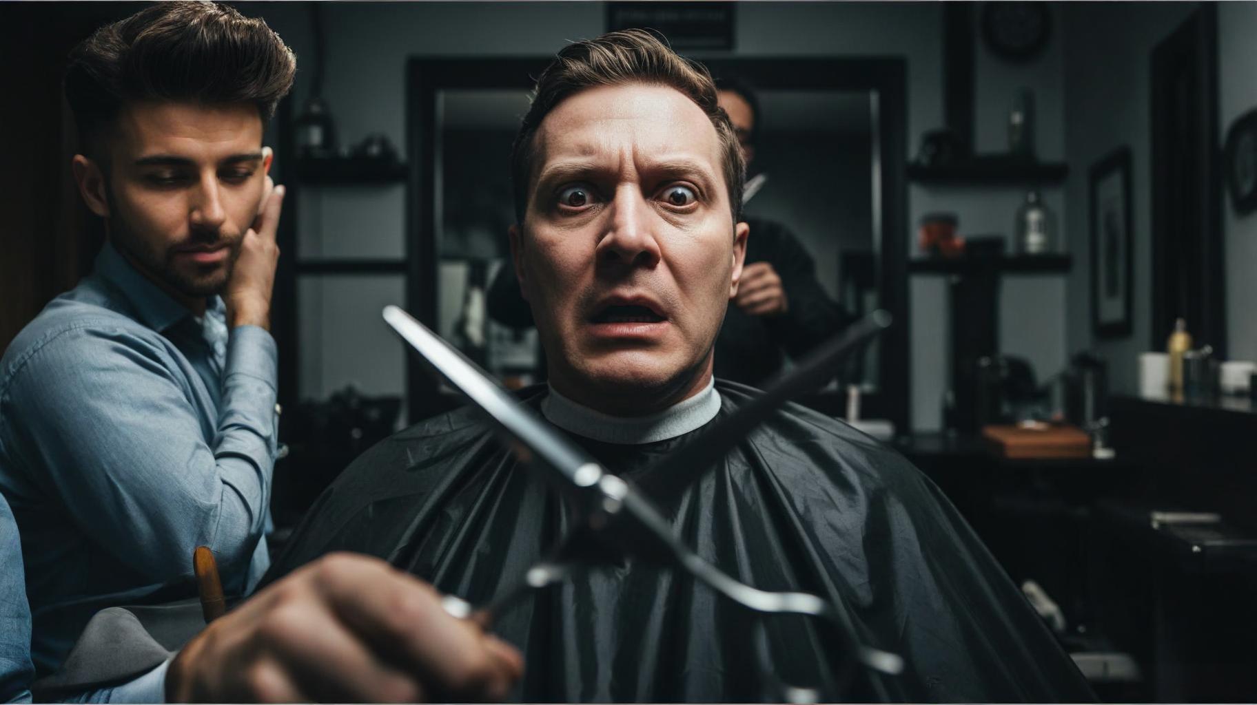 Dramatic scene in barbershop - client with panic expression