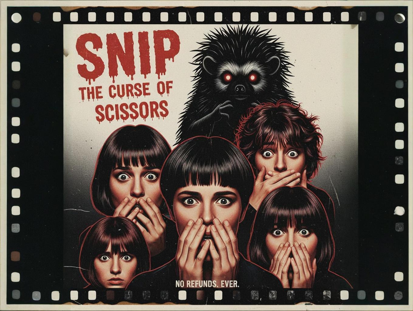 Collage of disastrous hairstyles with horror movie poster styling