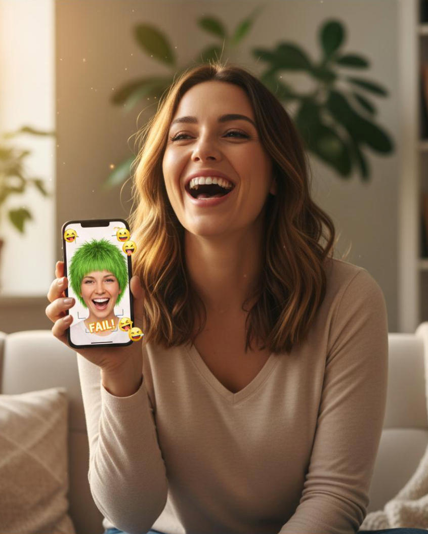 Person laughing while showing disastrous AI-generated hairstyle on phone