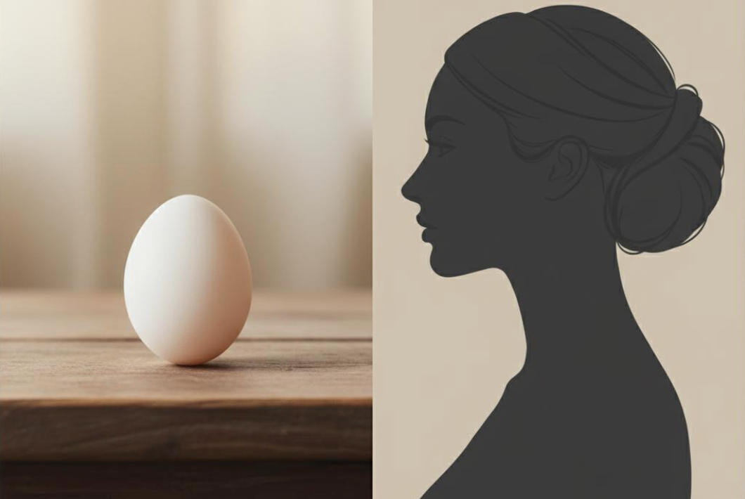 Abstract split image - balanced egg on left, perfect face profile silhouette on right