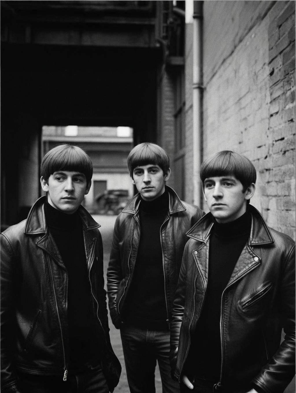 Astrid Kirchherr's iconic photograph of The Beatles in Hamburg, 1961, showcasing early Mop-top styling