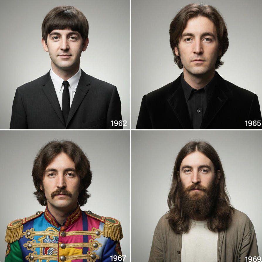 Four-panel evolution of John Lennon's hairstyle from 1962 to 1969: Mop-top to hippie