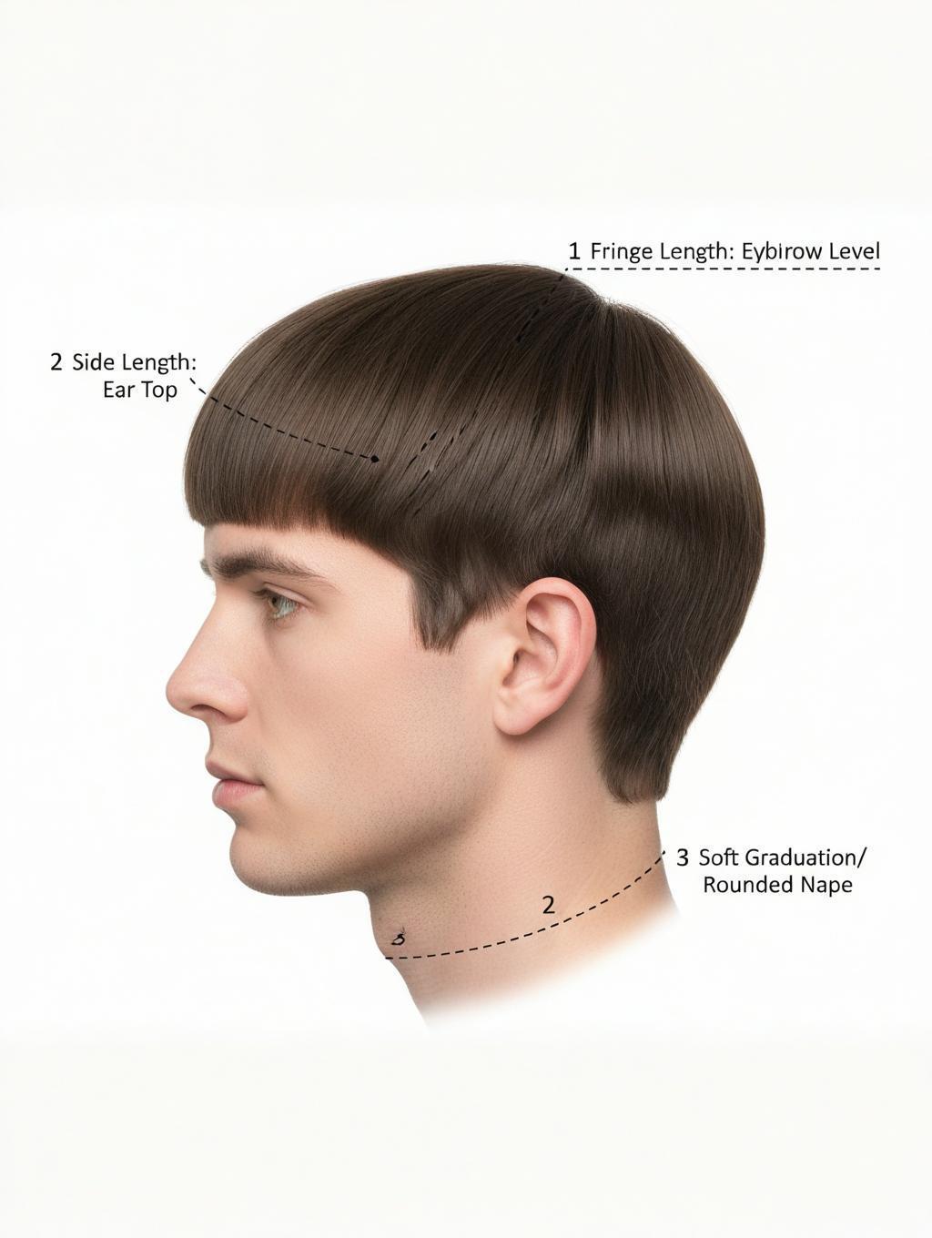 Technical side-profile diagram of modern Mop-top haircut with length and layer annotations
