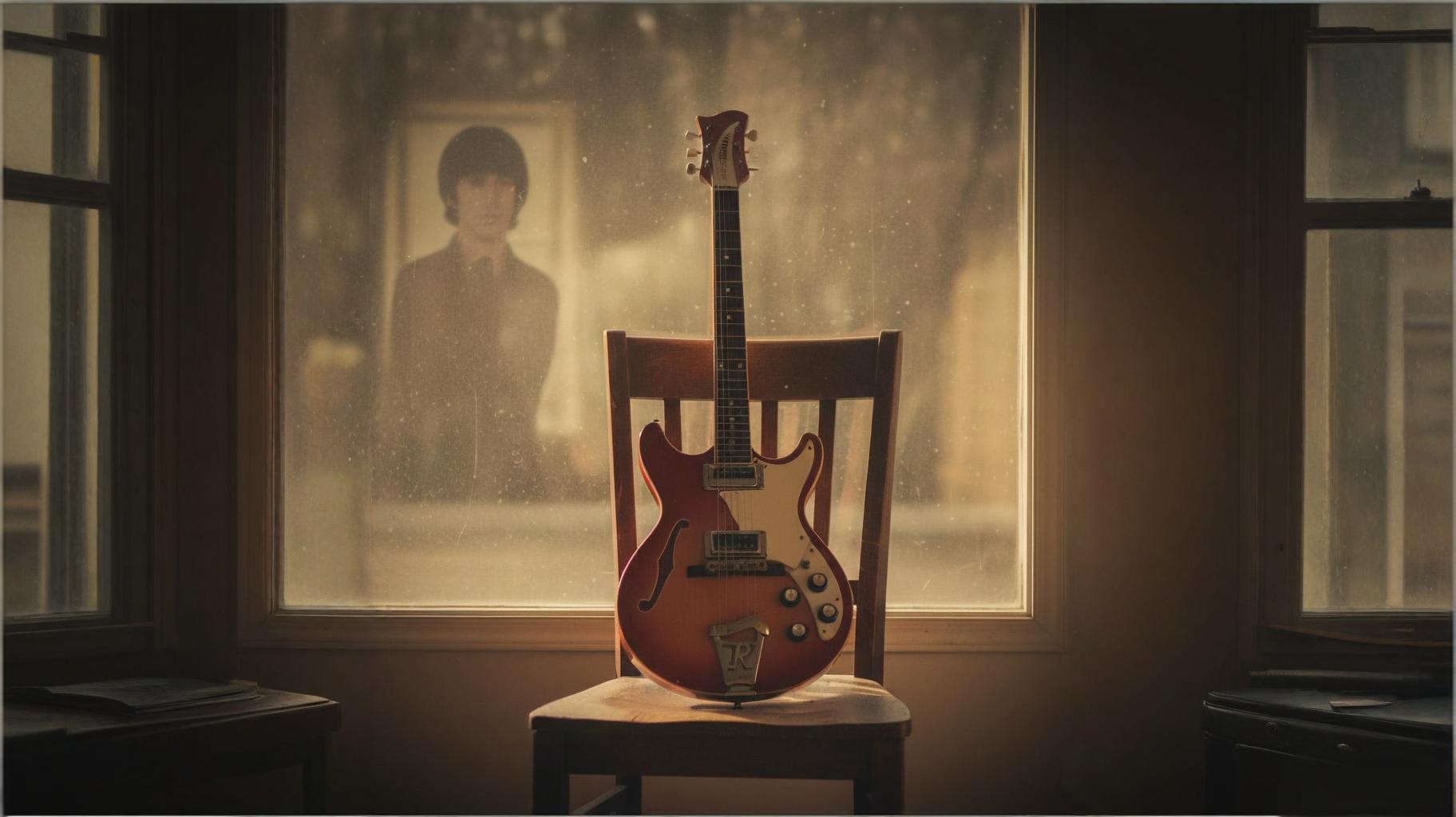 Artistic composition: guitar leaning against chair with blurred reflection of Mop-top styled figure