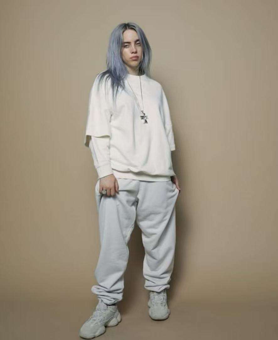 Billie Eilish blue gray long hair with middle part