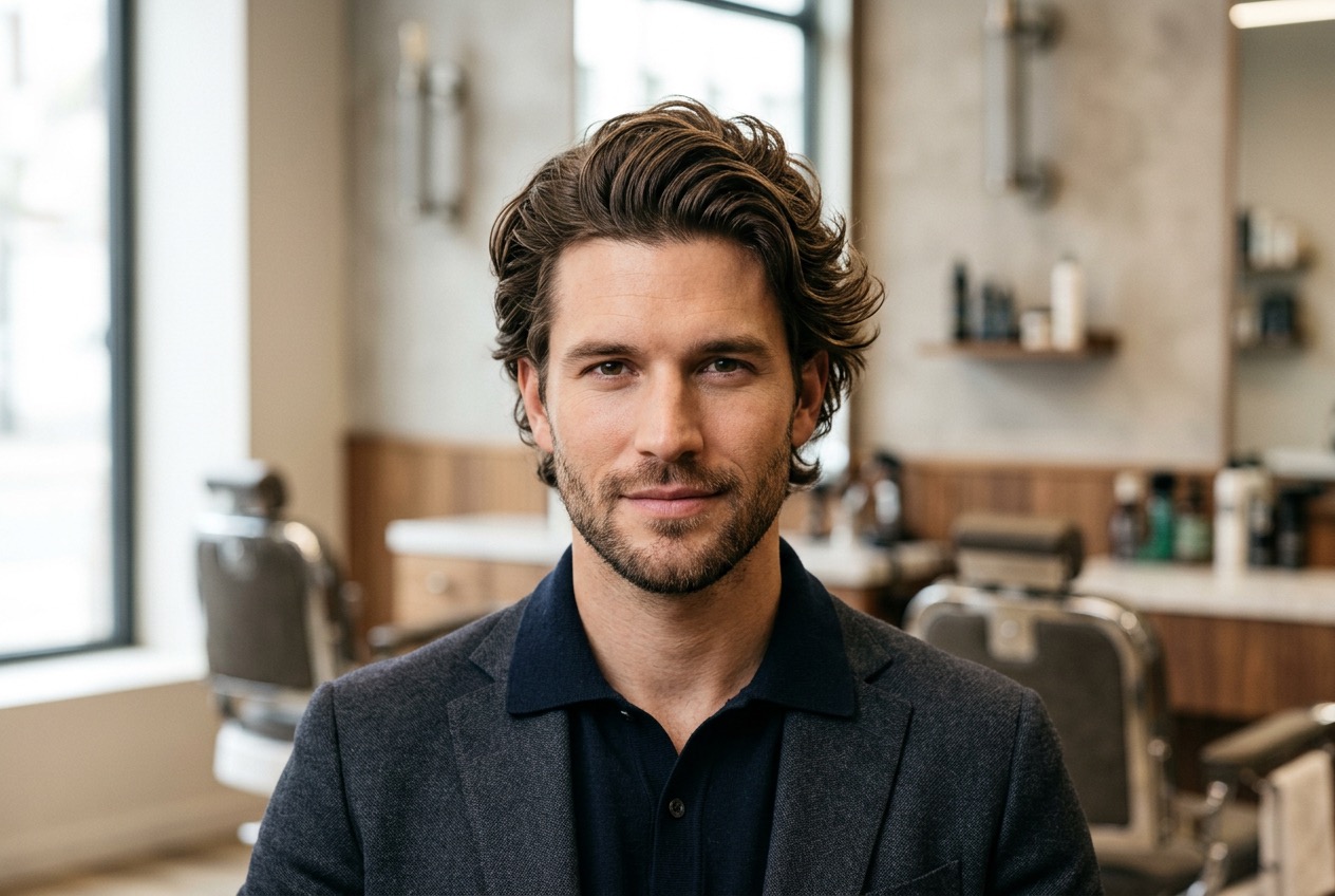 Man with classic Bro Flow hairstyle showing natural wave texture and effortless volume