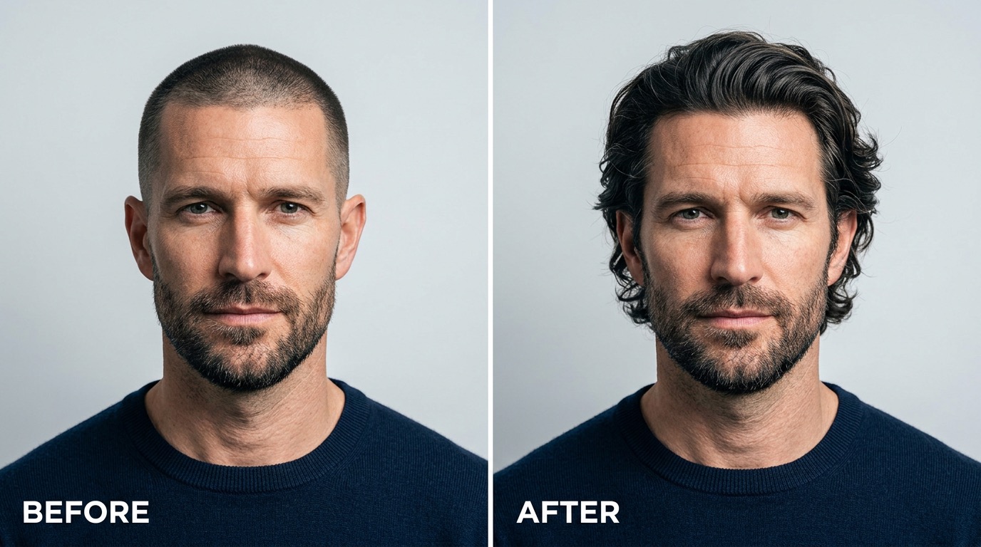 Before and after comparison showing how buzz cut elongates rectangular face while Bro Flow adds width and balance