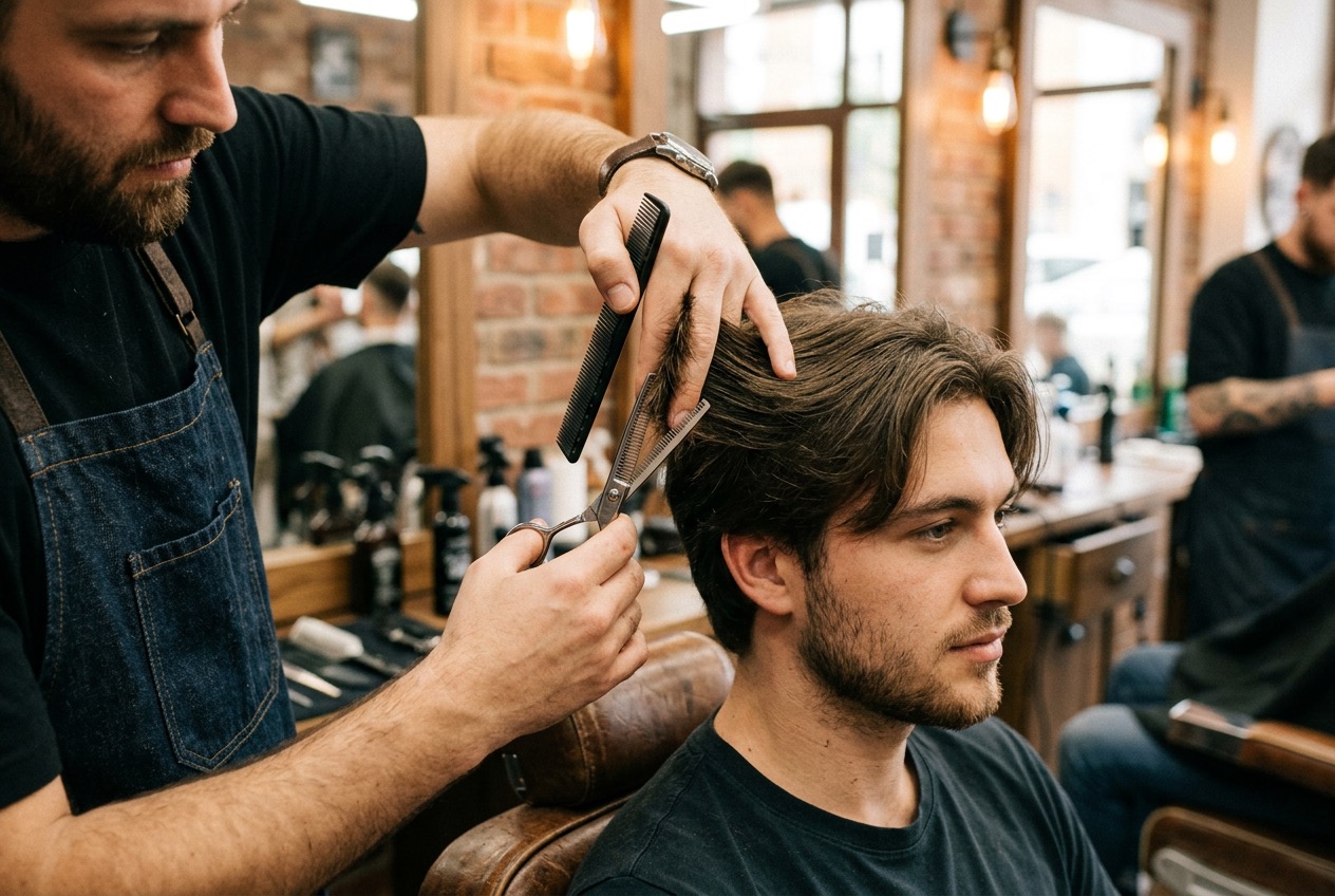 Barber using thinning shears to texturize hair ends for natural Bro Flow movement