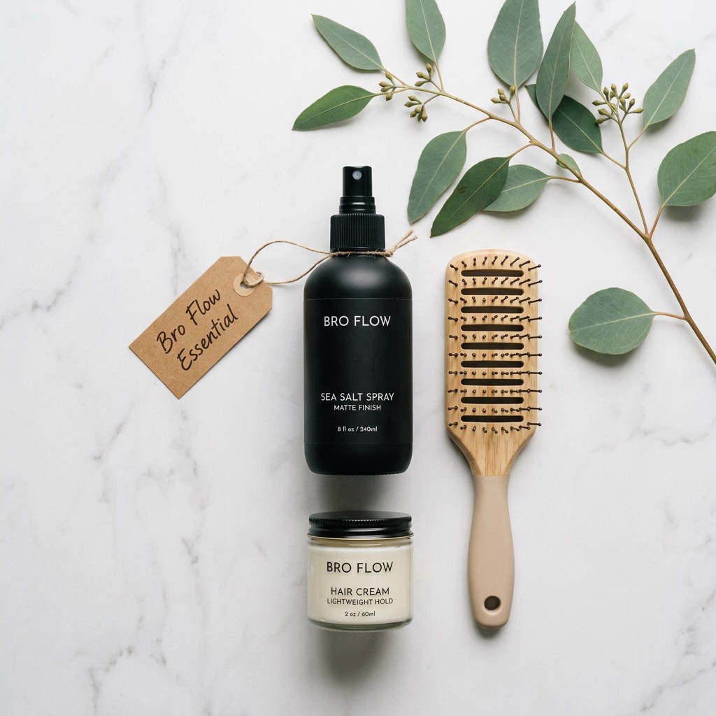 Bro Flow essential products: sea salt spray, vent brush, and lightweight cream