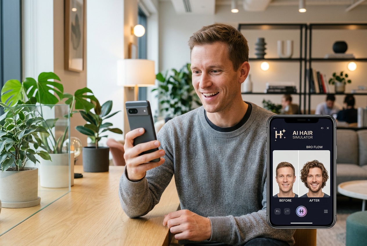 Man using TryHair.ai to preview Bro Flow hairstyle transformation on his rectangular face
