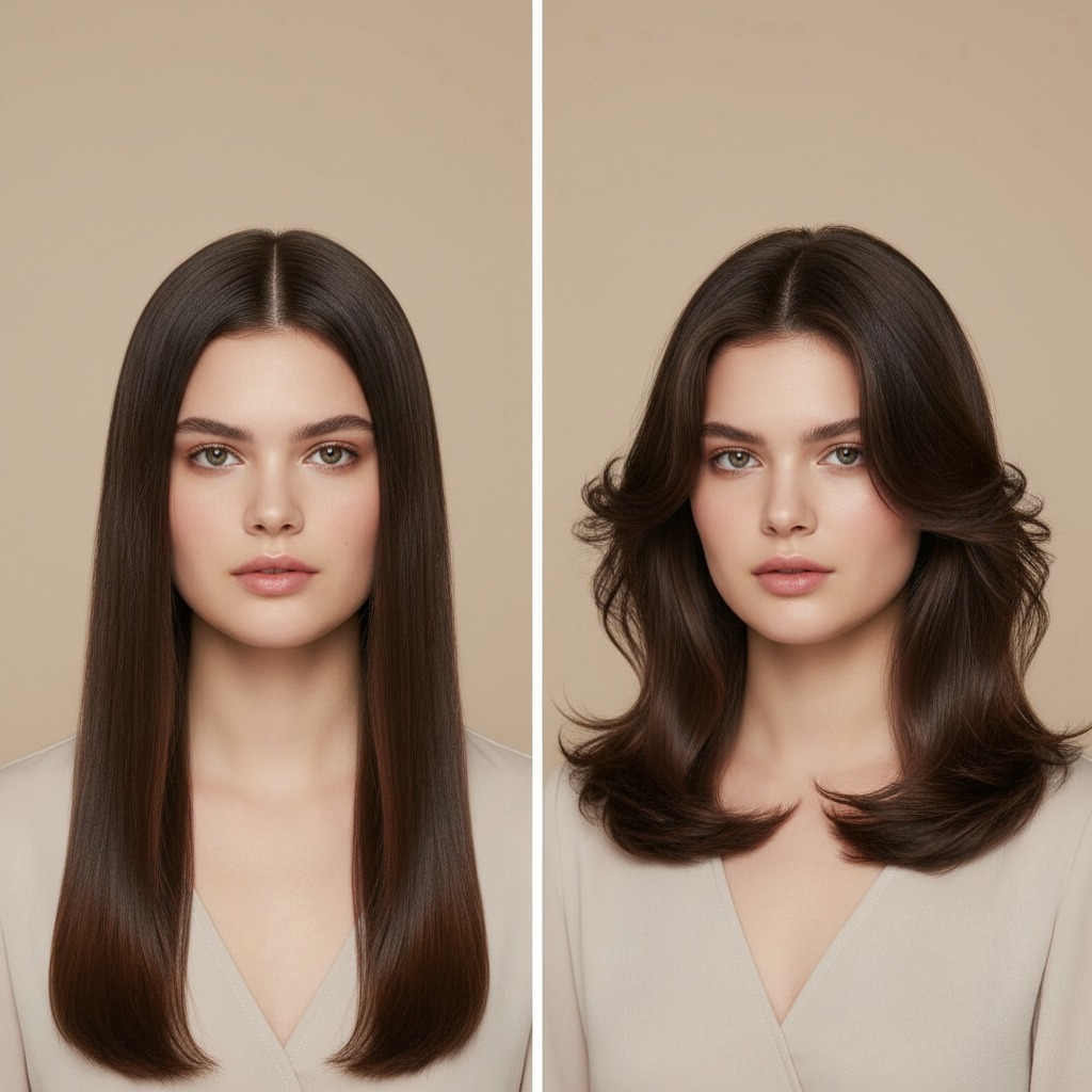 Comparaison des cheveux longs vs butterfly cut mi-longs pour visages ronds