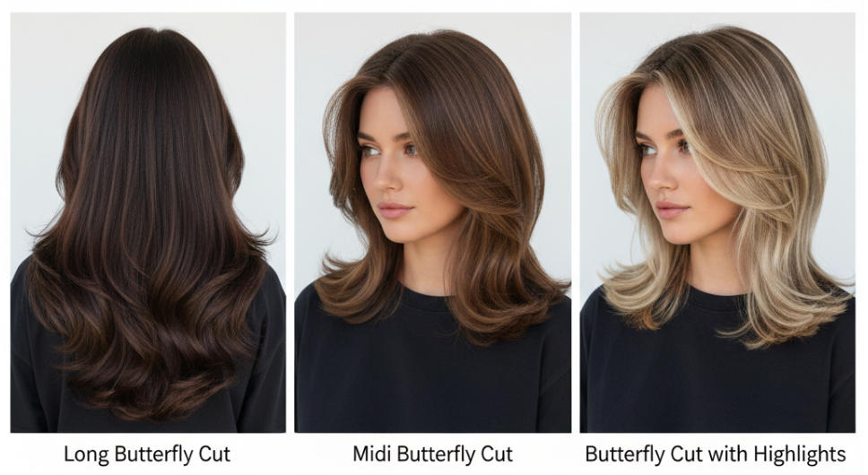 Collage de trois variations tendance du butterfly cut 2026 pour visages ronds