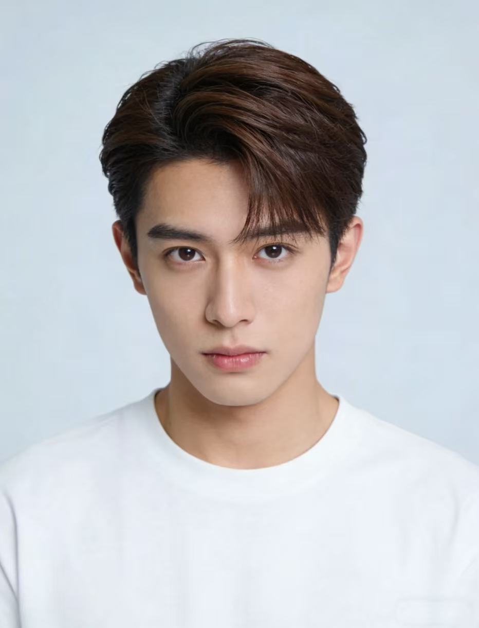 Clean Korean curtains haircut with soft off-center part