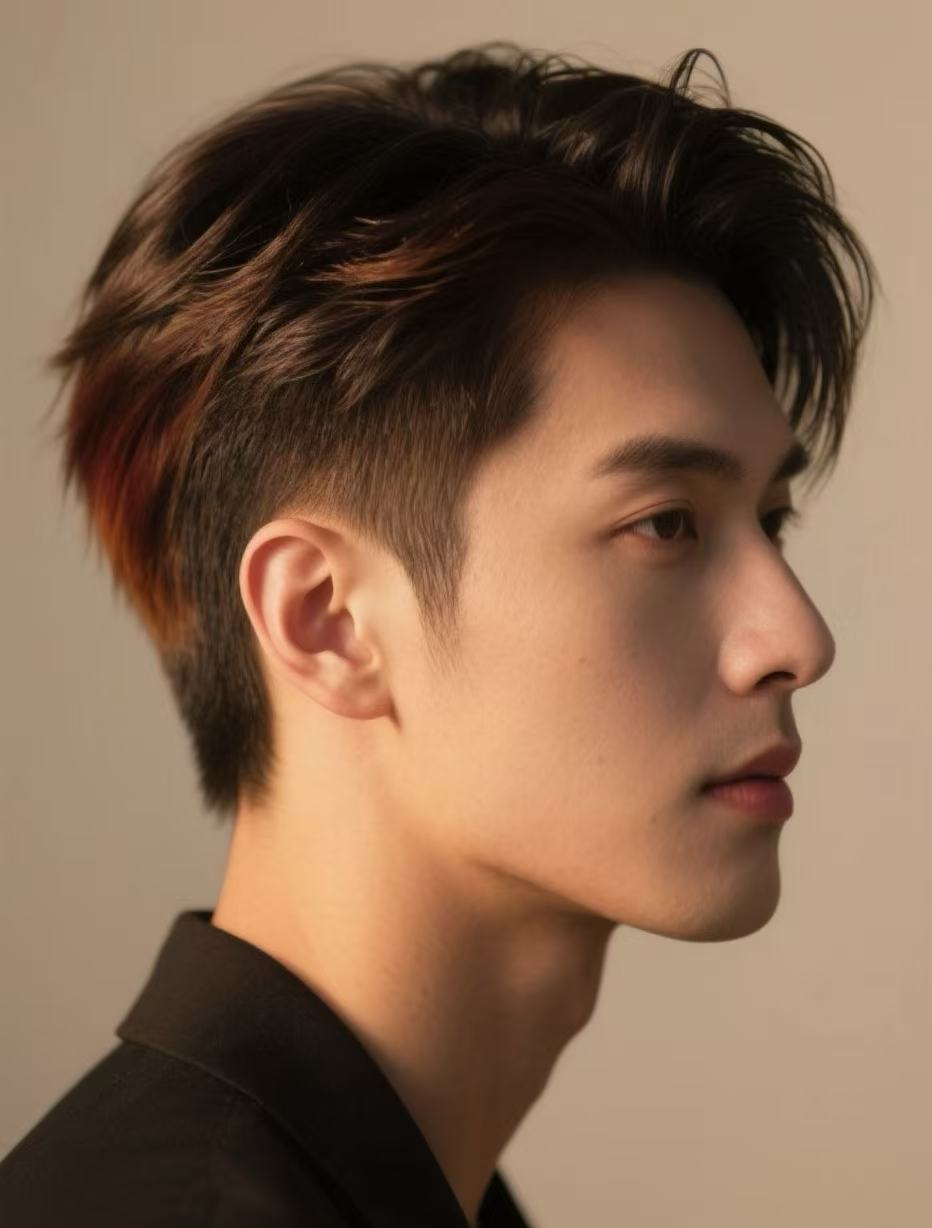 Side profile of curtains haircut with volume and tapered sides
