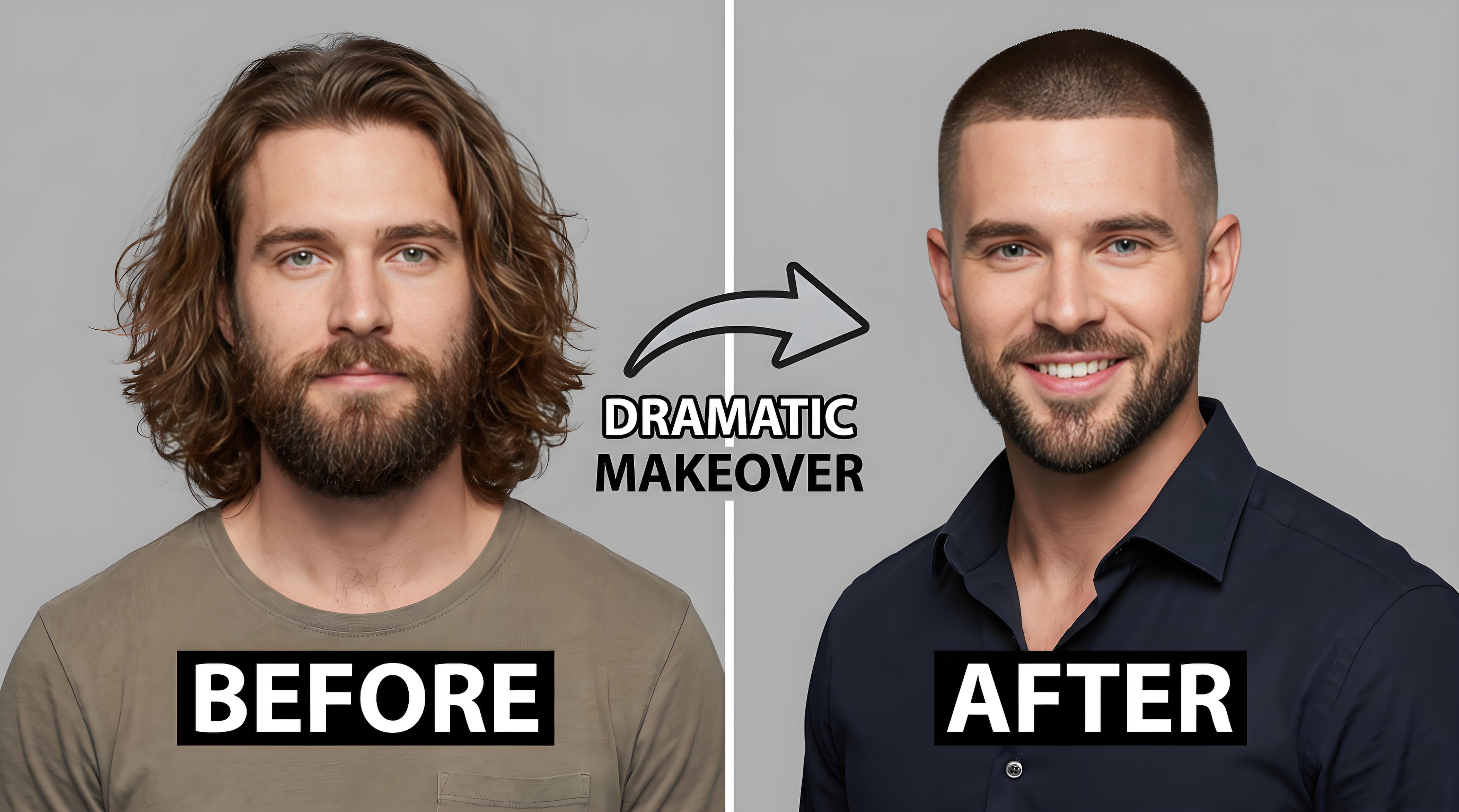 AI transformation from long hair to modern buzz cut