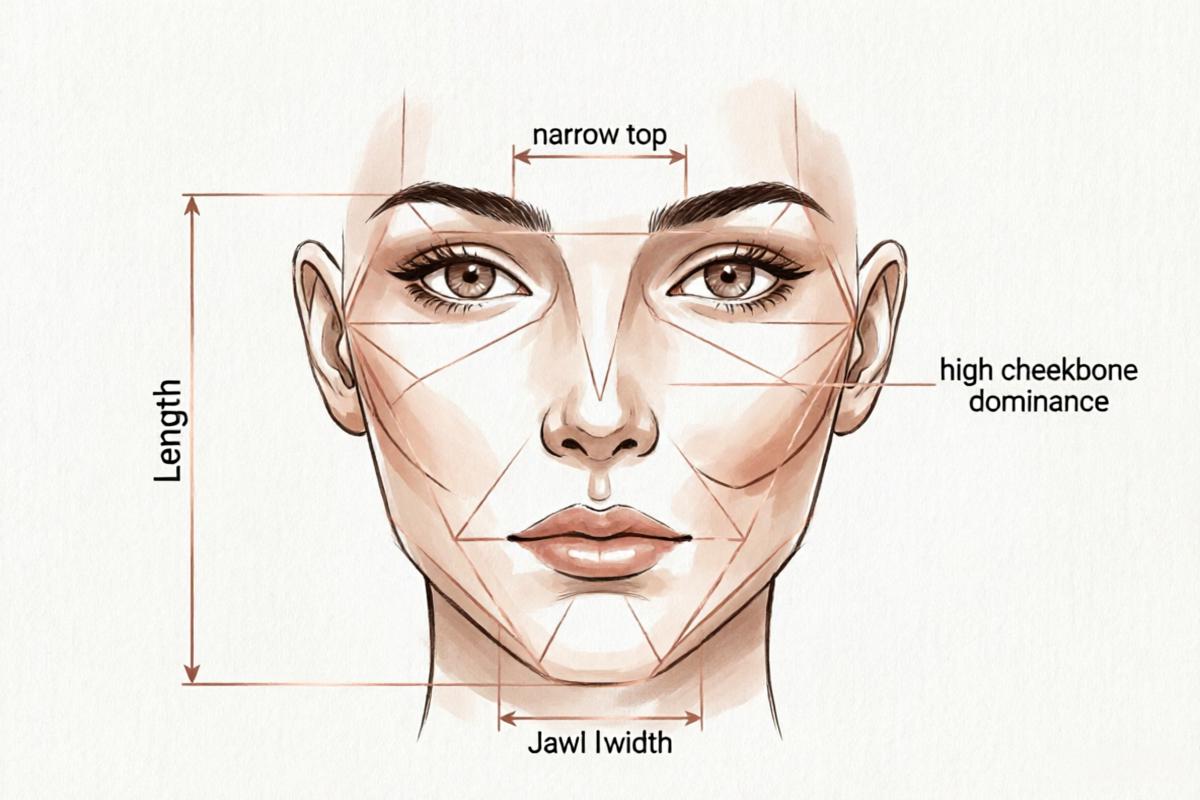 Measurement diagram of diamond face shape showing narrow forehead and jaw with wide cheekbones