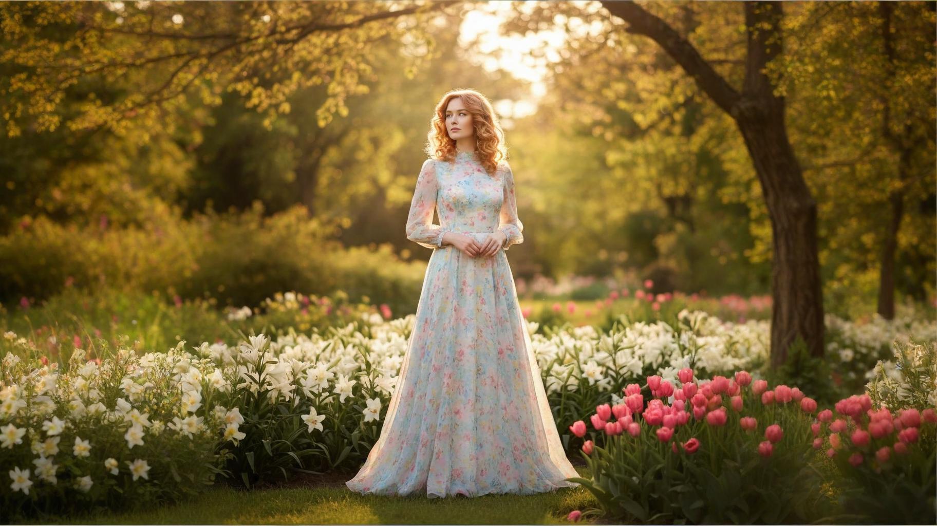 Easter morning scene with model displaying soft spring hairstyle beside blooming lilies