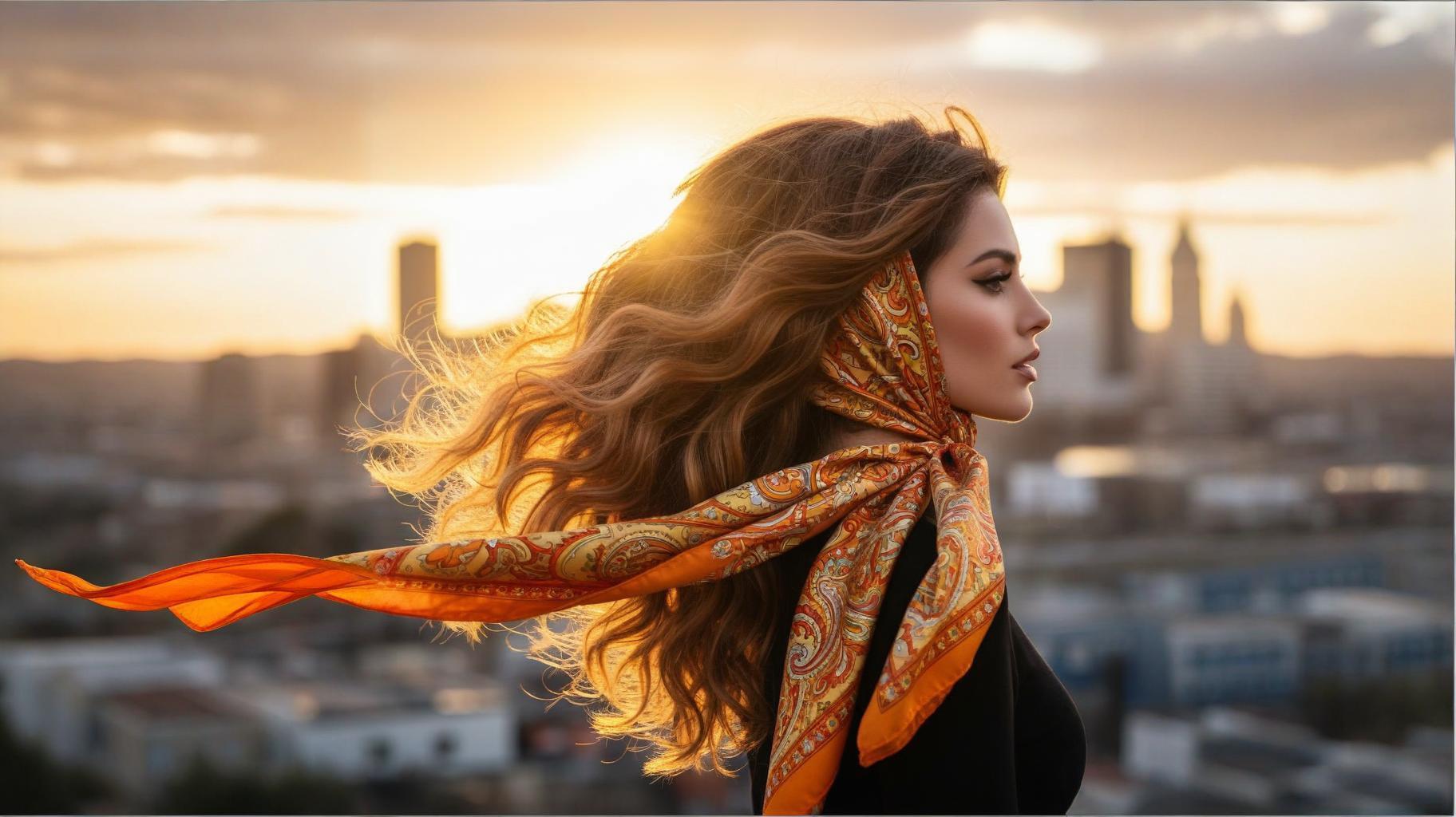 Bouncy blowout with silk scarf low angle view showing voluminous caramel highlighted hair with vibrant movement
