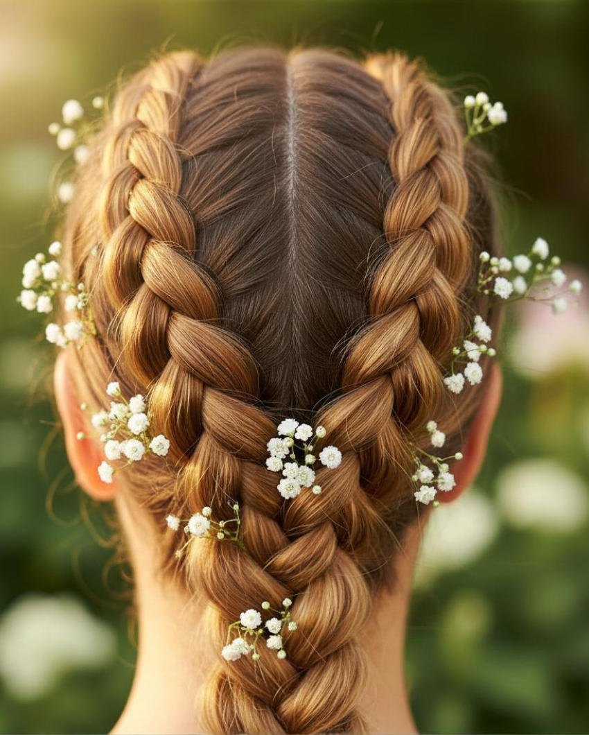 Goddess braids with baby's breath flowers woven through honey-blonde hair, close-up detail