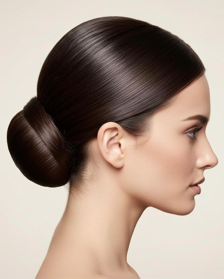 Polished low bun hairstyle side profile showing sleek chocolate brown hair with rounded glossy finish