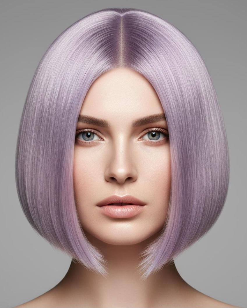 Pastel lavender glass hair frontal view showing mirror-like sleek straight hair with futuristic finish
