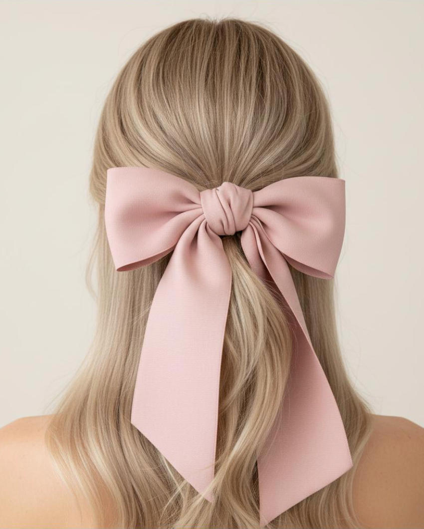 Ribbon-tied half-up hairstyle back view showing large silk bow in champagne blonde hair