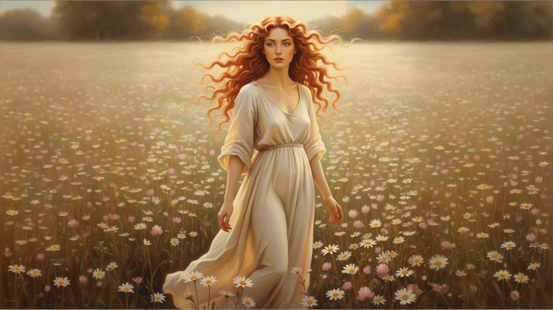 Soft Botticelli curls panoramic view showing model with flowing strawberry blonde hair on spring lawn