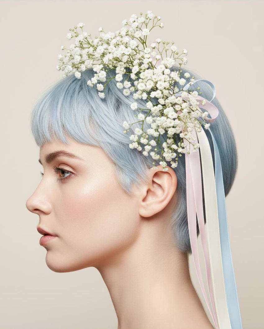 Modern pixie cut with Easter bonnet side profile showing ice blue hair with sharp temple edges