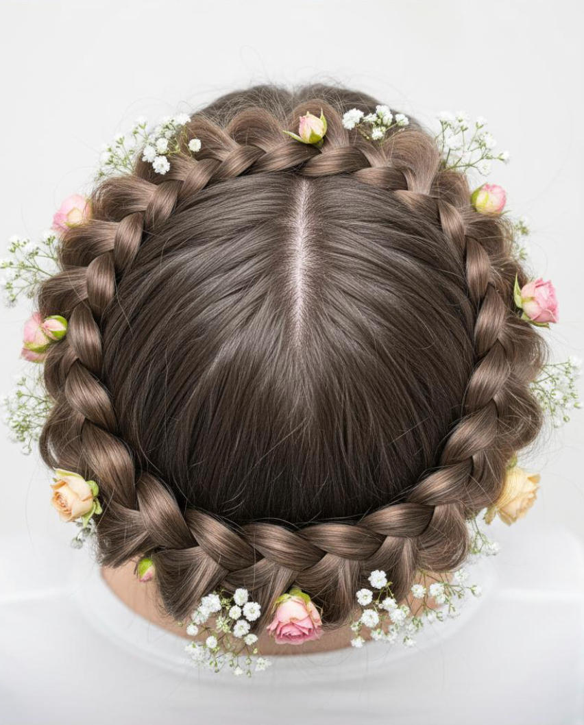 Floral crown Dutch braid overhead view showing intricate double braid weaving pattern