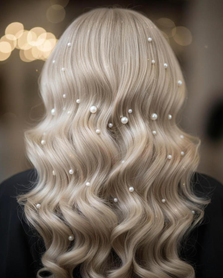 Pearl encrusted waves close-up showing scattered pearls shimmering in cream beige hair