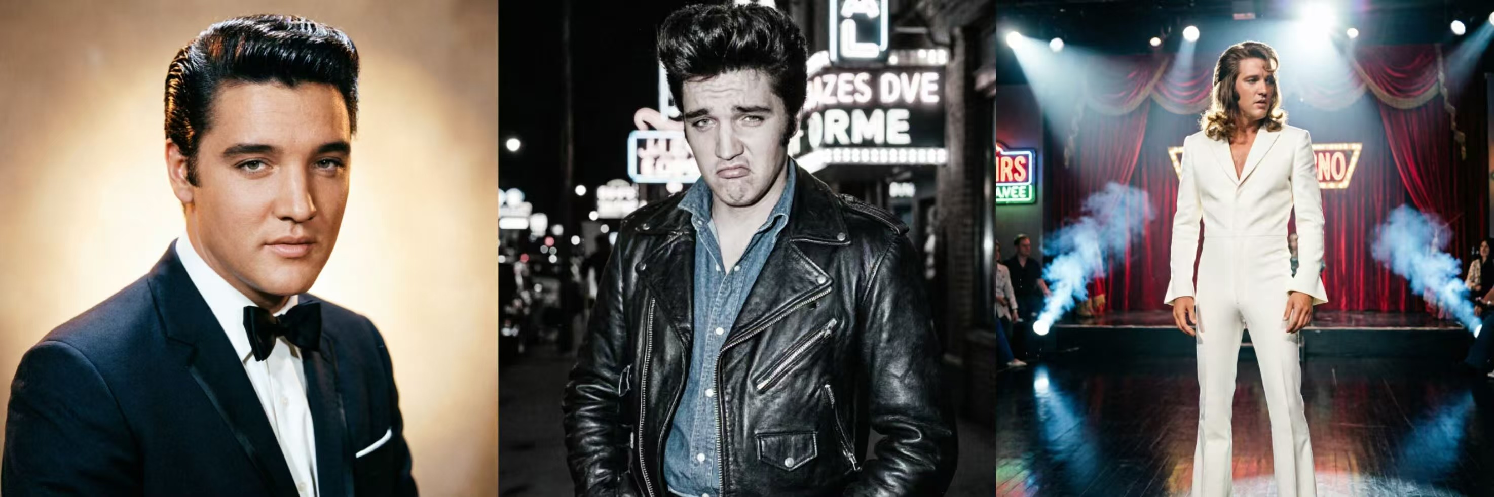 Evolution collage showing Elvis hairstyle transformation across three decades: 1950s greaser, 1960s Hollywood polished, 1970s Las Vegas jumpsuit era