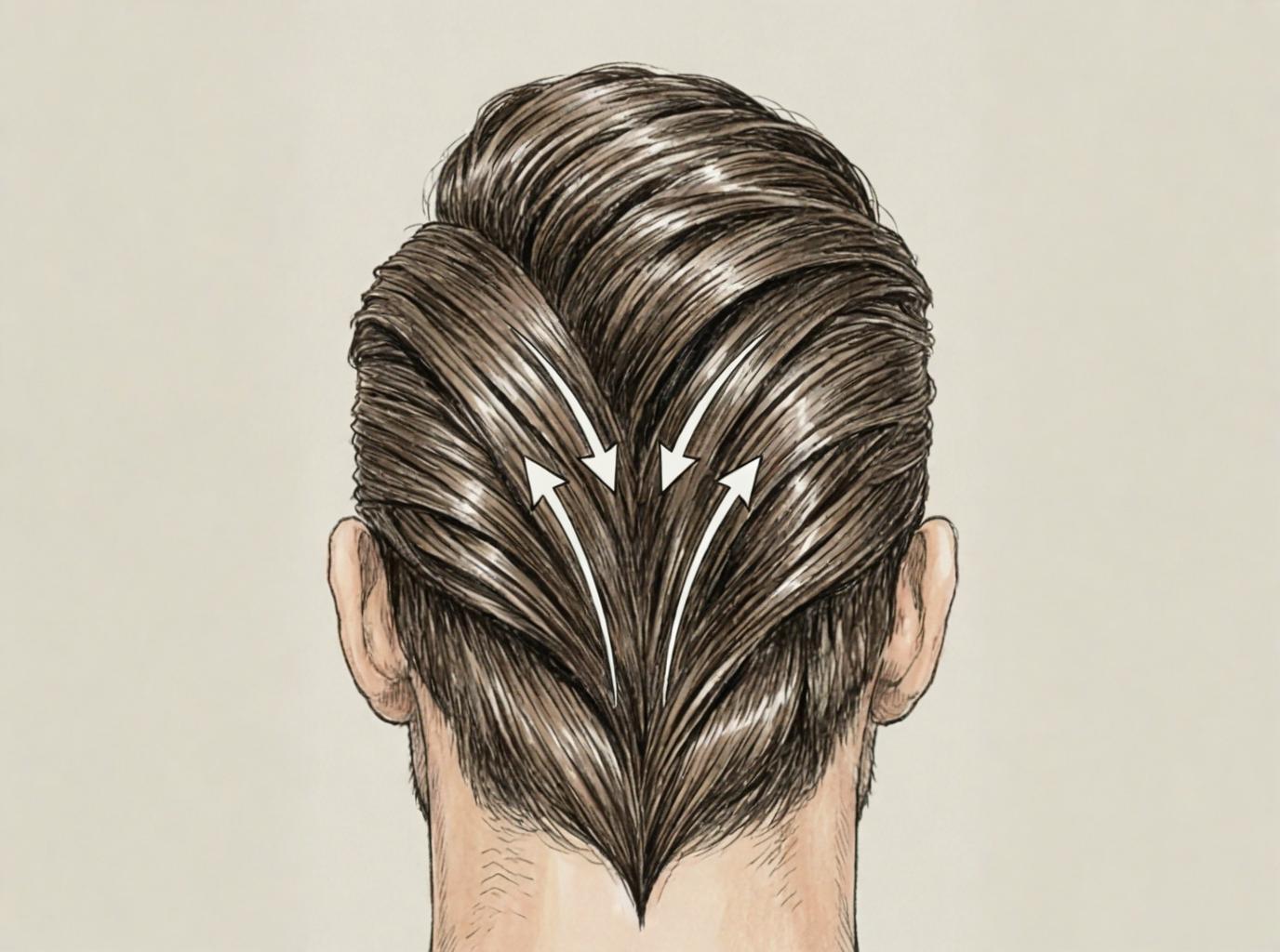 Technical rear view of ducktail hairstyle showing the V-shaped hair convergence pattern with directional arrows