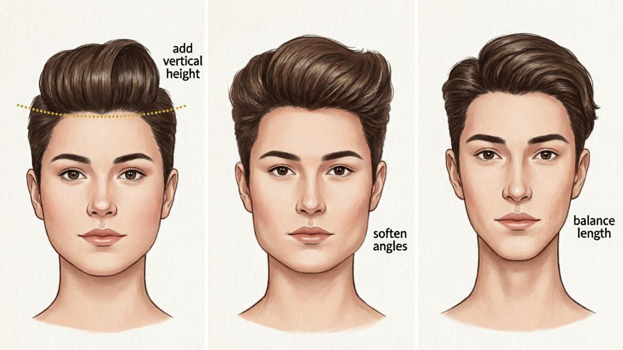 Face shape analysis comparison showing round, square, and long face types with pompadour hairstyle overlays demonstrating proportion adjustments