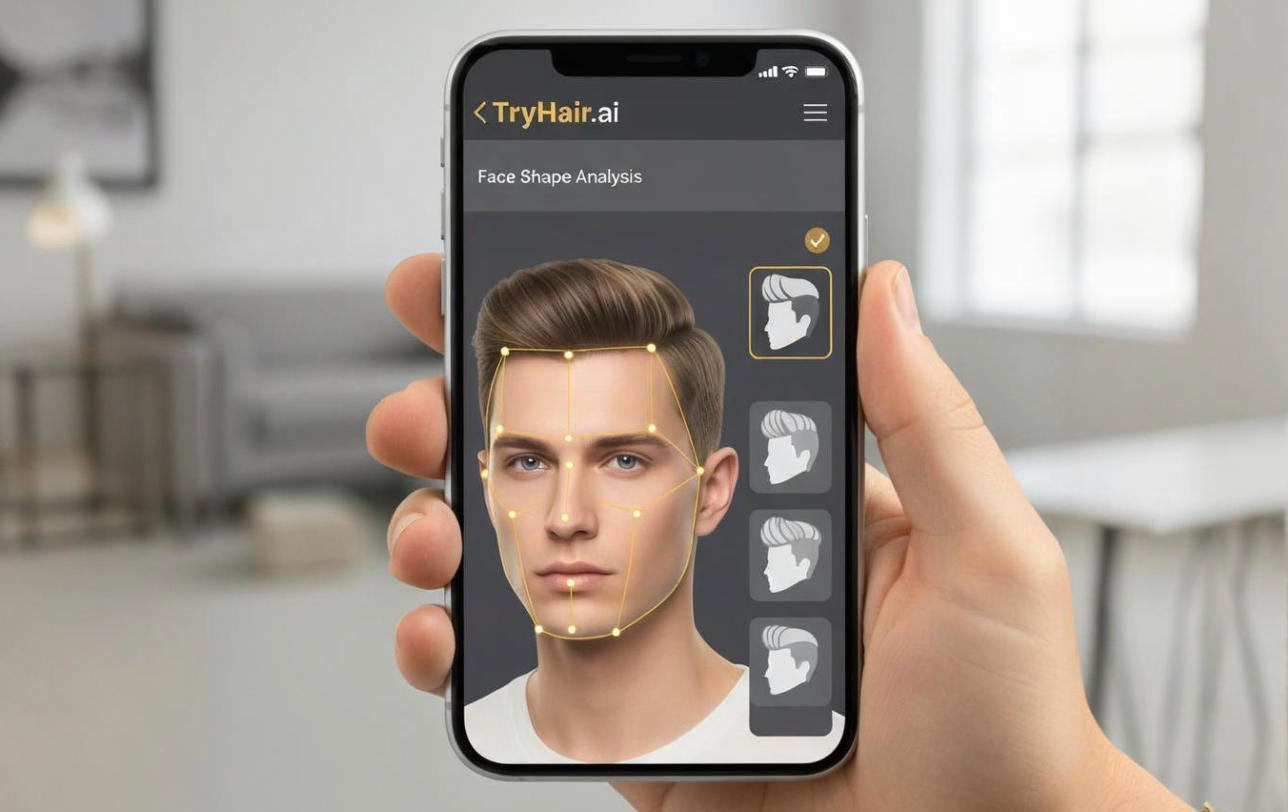 TryHair.ai interface showing real-time face shape detection and hairstyle simulation with measurement overlays
