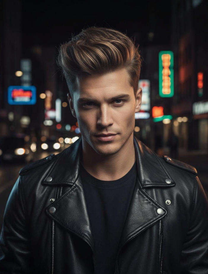 Modern 2026 interpretation of Elvis pompadour on male model wearing leather jacket, featuring mid-fade sides and textured top
