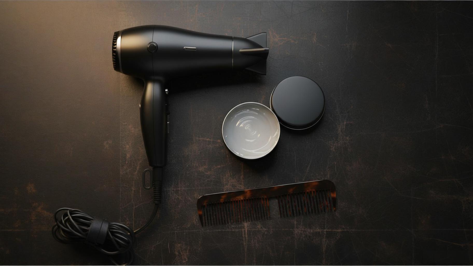 Flat lay of styling tools: tortoiseshell comb, premium pomade tin, and professional hair dryer on dark leather surface