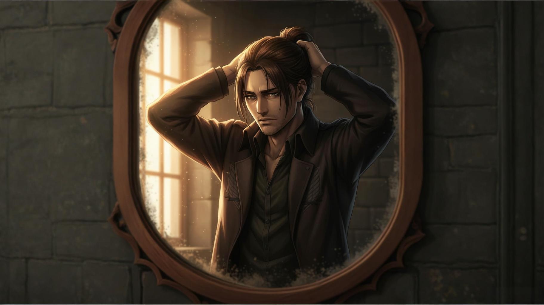 Eren Yeager tying his hair in front of mirror, Attack on Titan Season 4 iconic scene