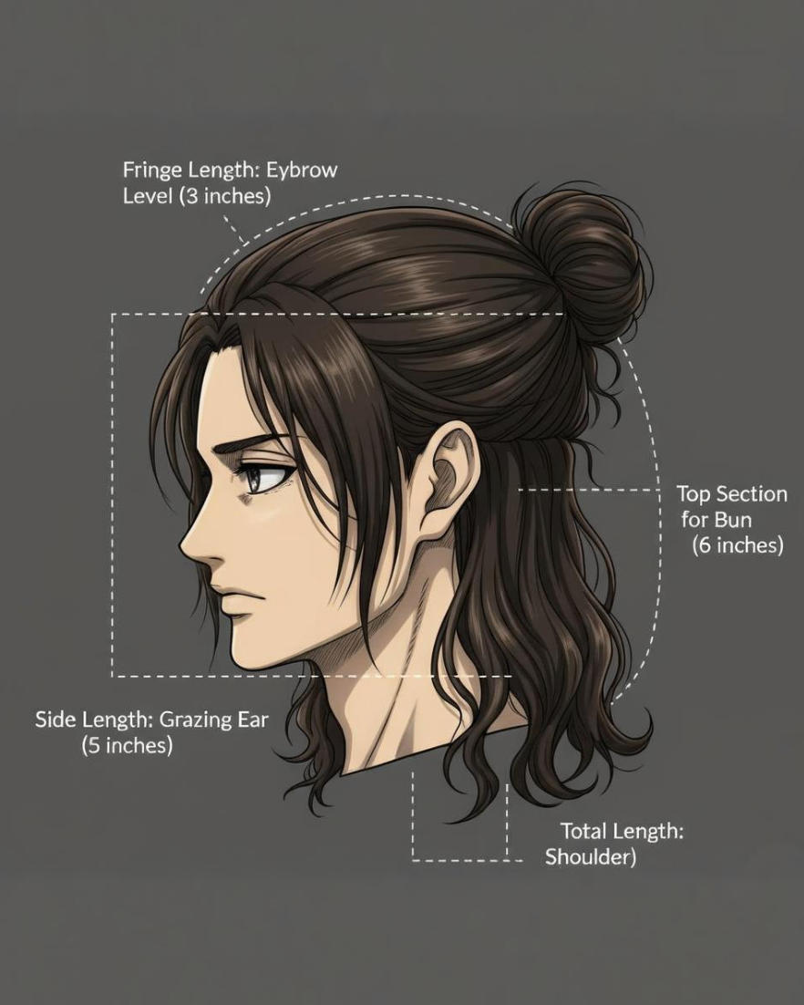 Technical diagram showing Eren Yeager hairstyle measurements and layer distribution