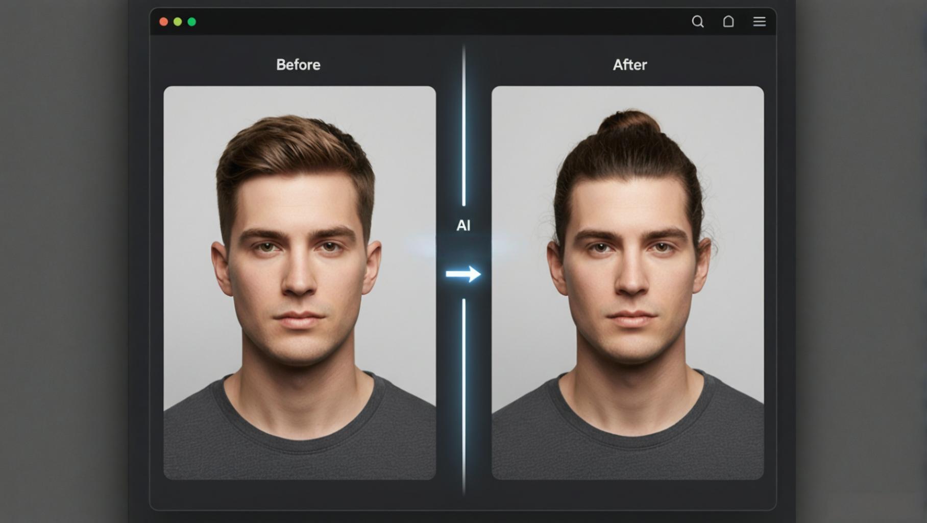 TryHair.ai interface showing AI hairstyle simulation for Eren Yeager man bun