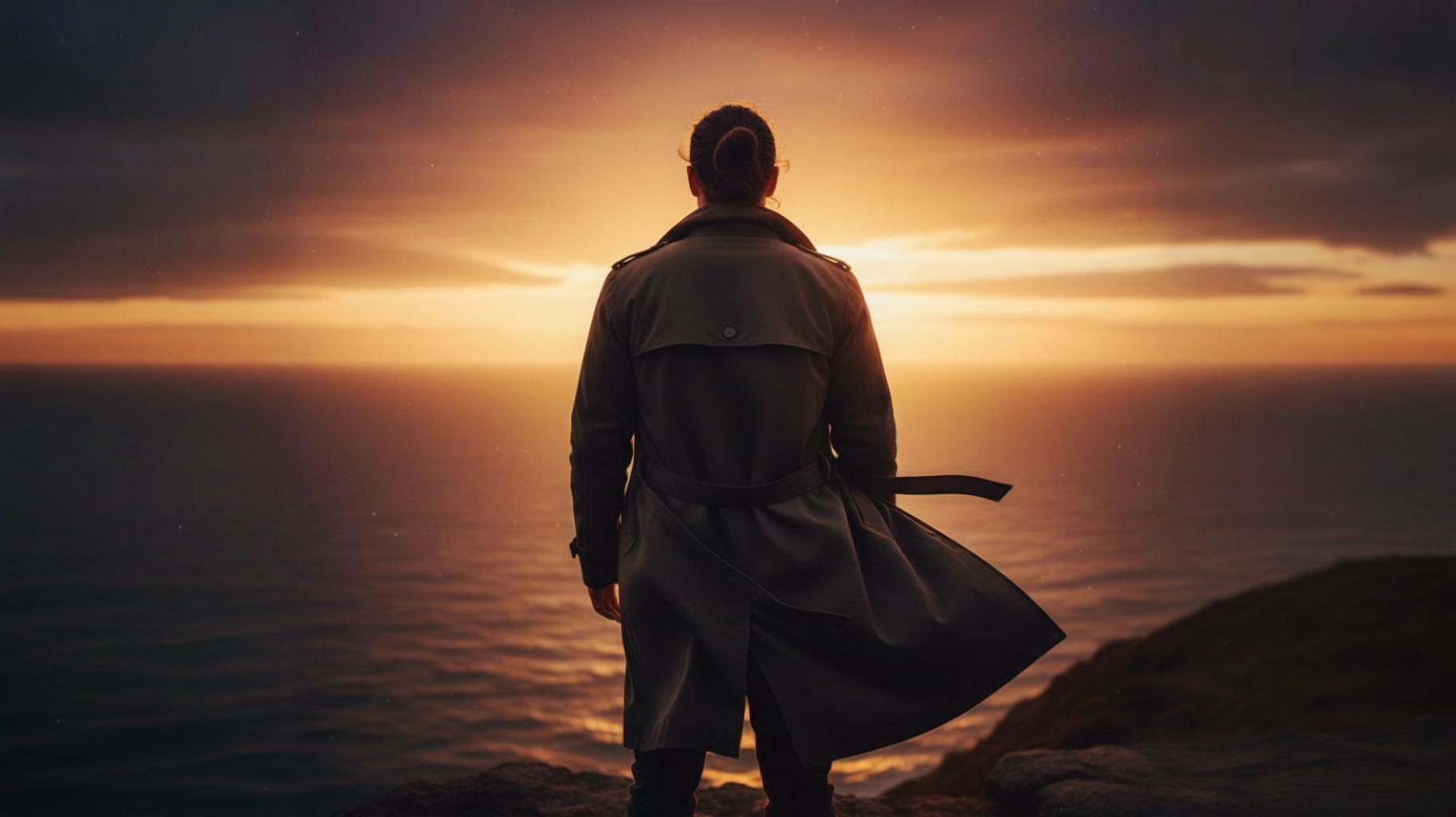 Artistic black and white shot of man with man bun wearing trench coat, back view