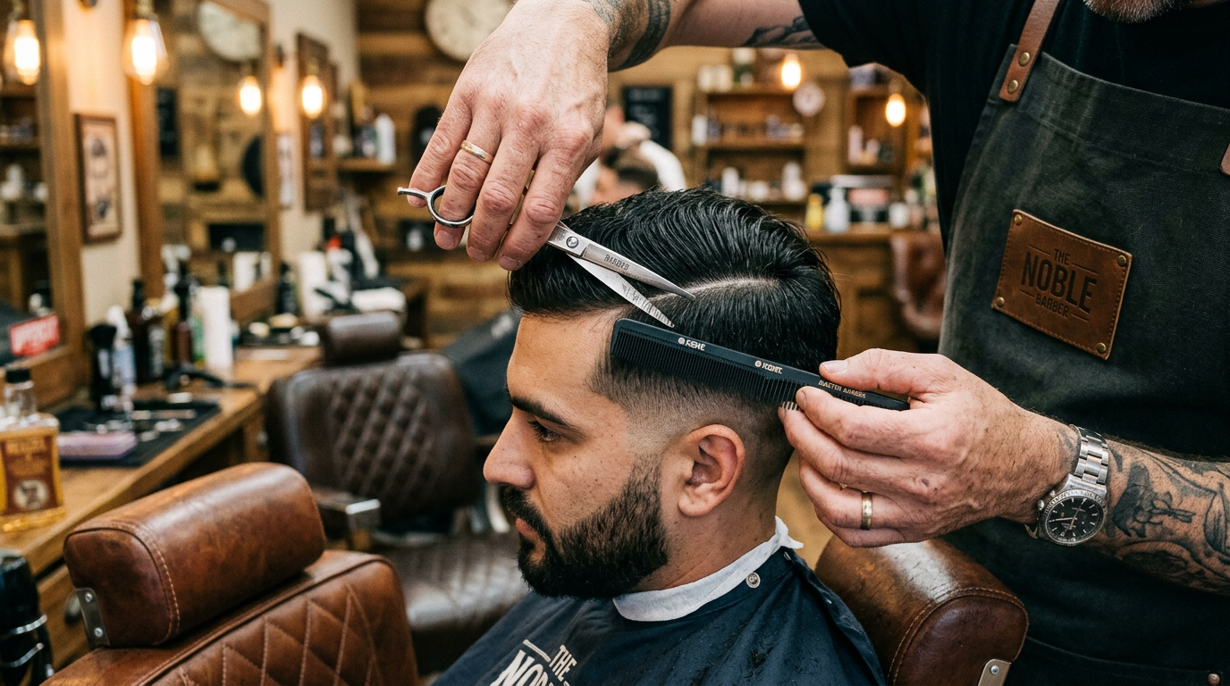 barber creating a precise hard part line during a haircut