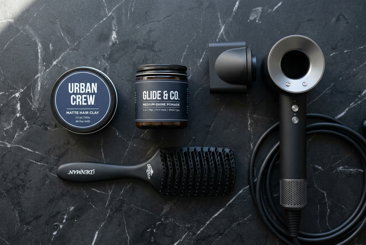 premium hair styling products including pomade, clay, vent brush, and hairdryer
