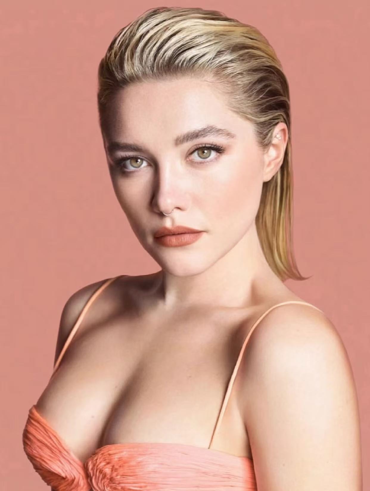 Florence Pugh slicked back blonde hair hairstyle
