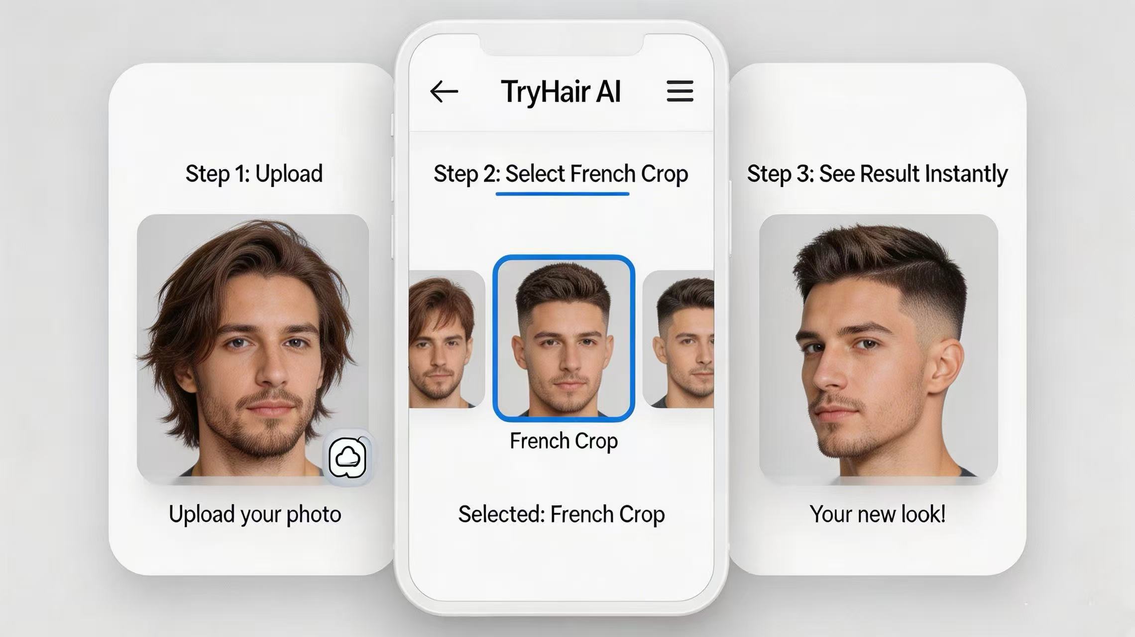 Interface de l'application TryHair AI montrant un essai virtuel de coiffure étape par étape pour hommes