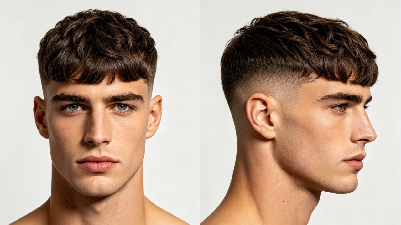 Classic French crop haircut front and side profile showing textured top and fade