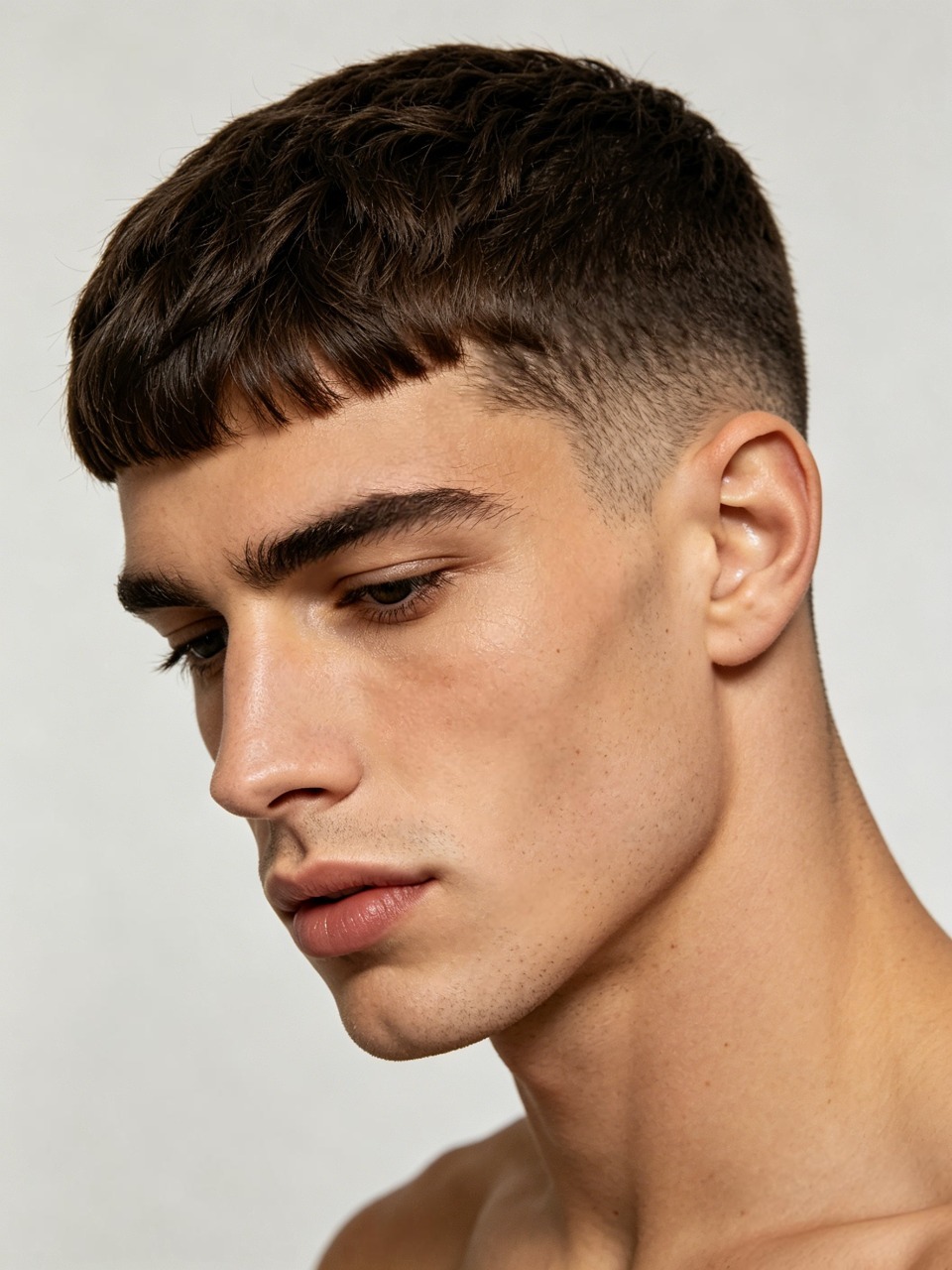Square face male model with French crop emphasizing the sharp jawline