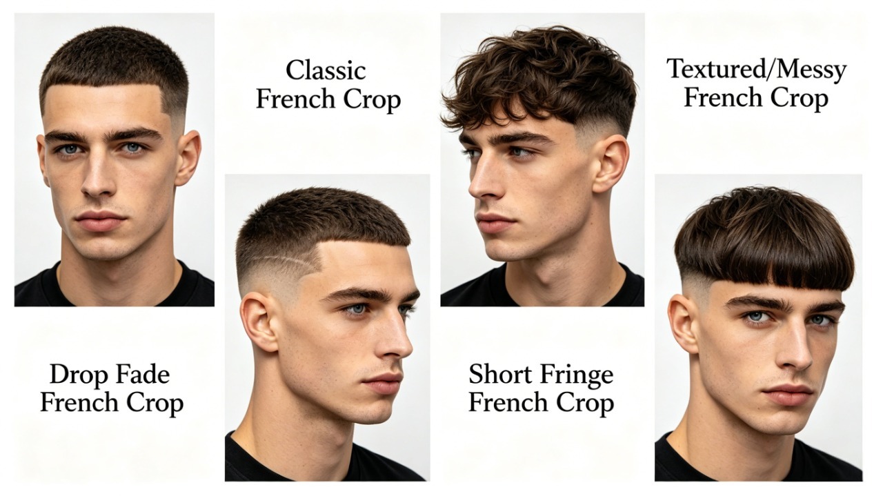 Four variations of French crop haircuts for square faces collage