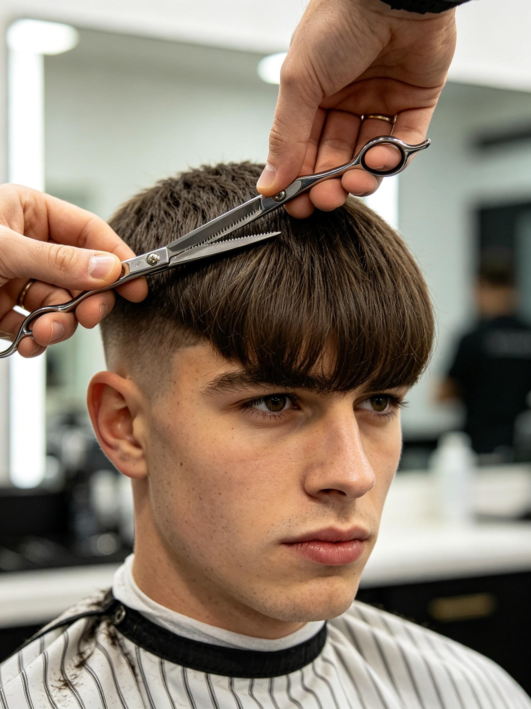 Barber point cutting the fringe of a French crop haircut