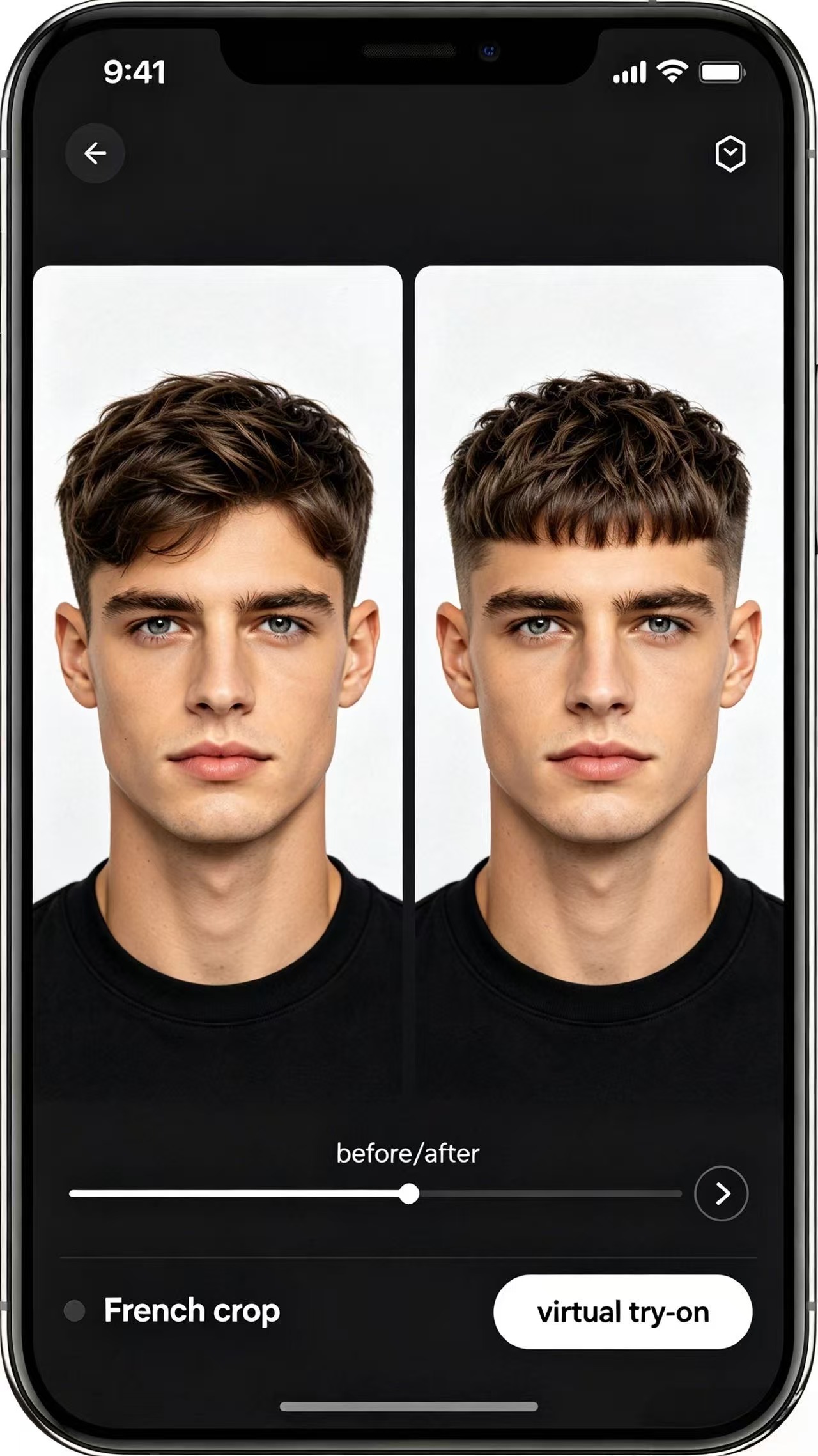 TryHair AI mobile app interface showing virtual French crop on a square face man
